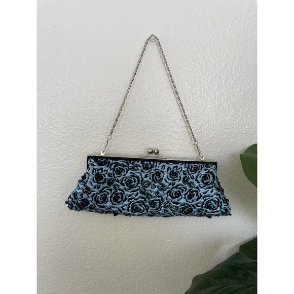 Small Black and Blue Floral Beaded Clutch Handbag - Picture 2 of 6
